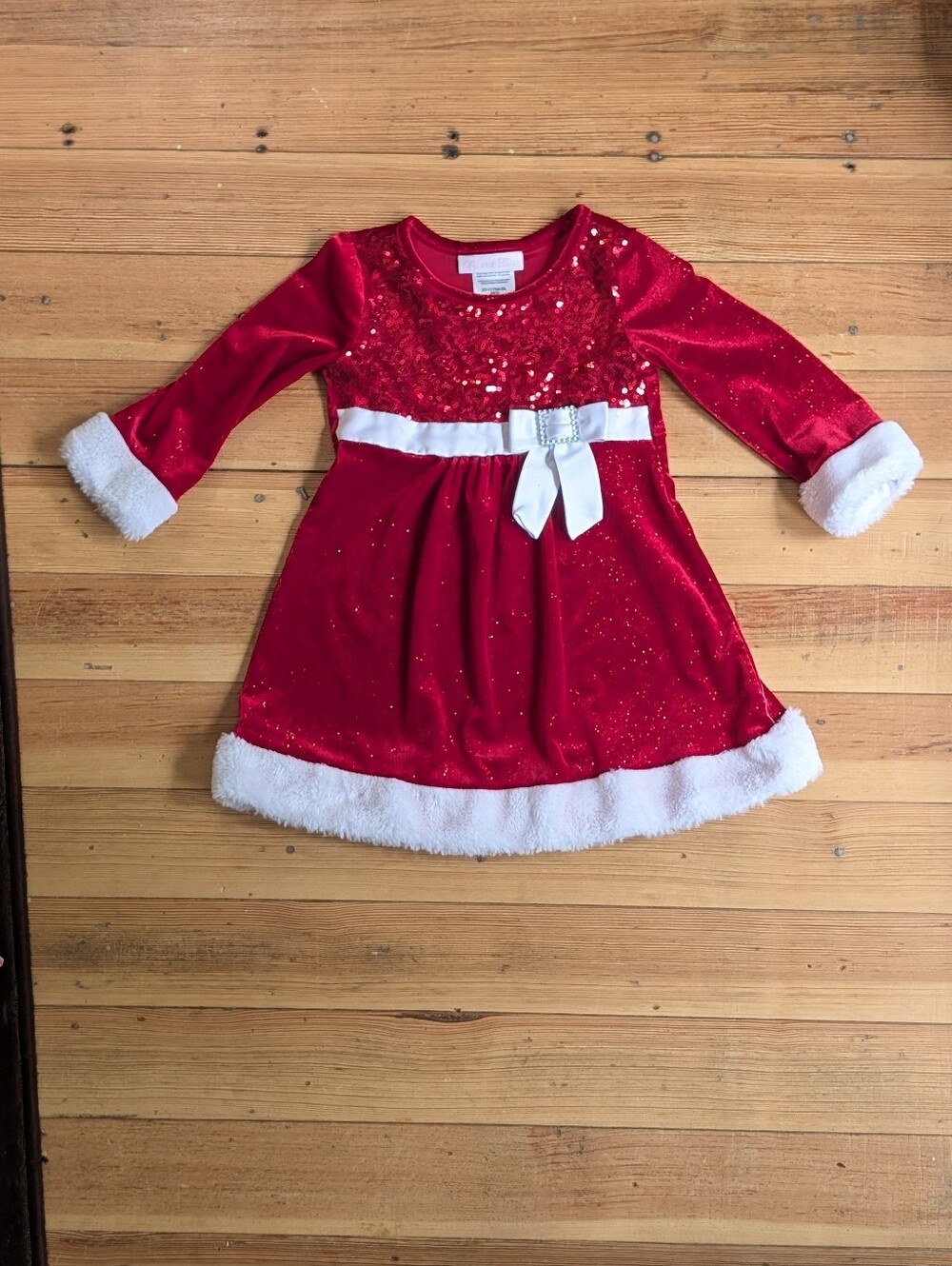 Red Sequin Holiday Dress with White Faux Fur Trim